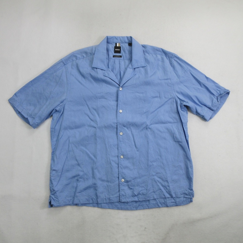 BOSS Men's Shirt Size L Lars Blue Short Sleeve Camp Collar Recycled Lyocell